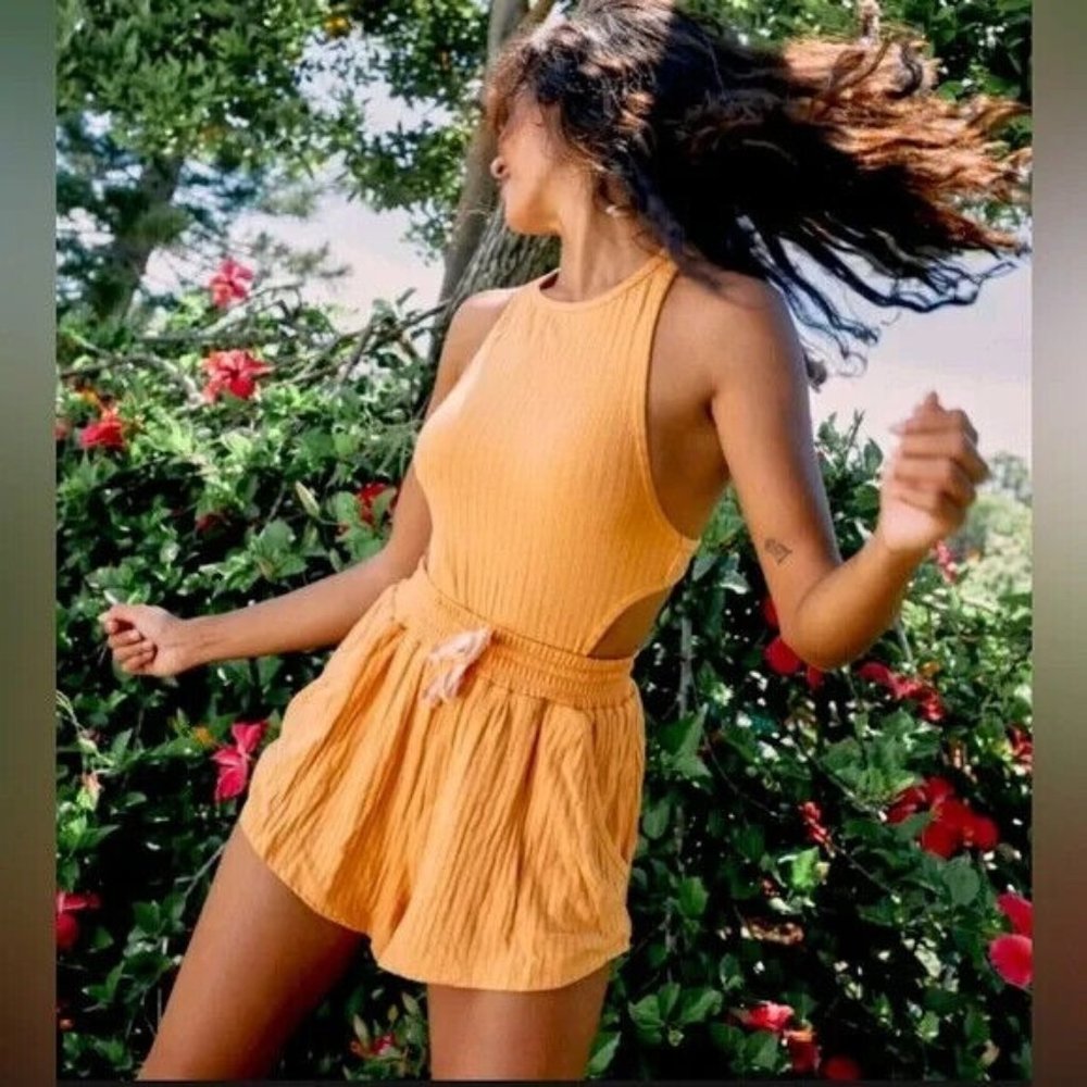 Free People Movement Blissed Out Romper Womens M Orange Cut Out Back Drawstring